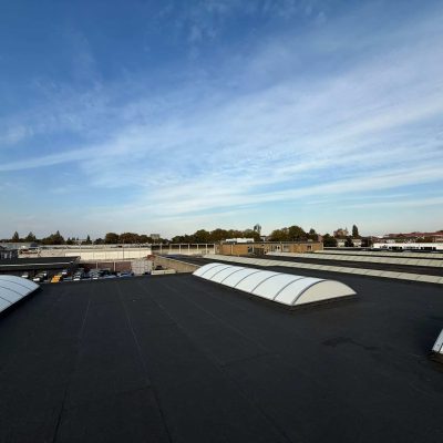 Bright, well-maintained commercial roof with skylights and weatherproofing. Expert roof care and prevention in Holland.